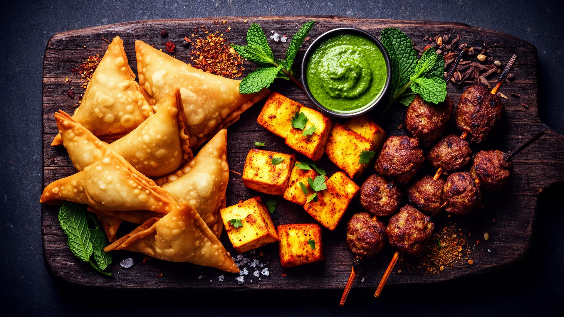 Indian frozen platter — samosas, paneer tikka and kebabs
