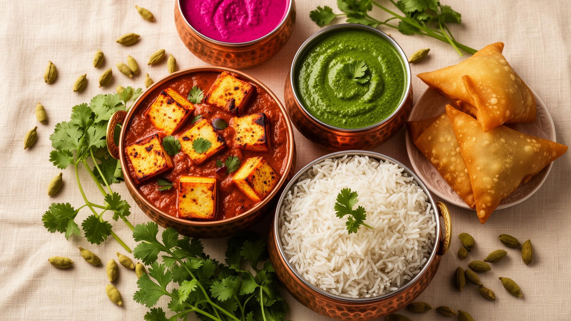 A spread of Momzii Indian food — paneer tikka masala, basmati rice, green chutney and samosas