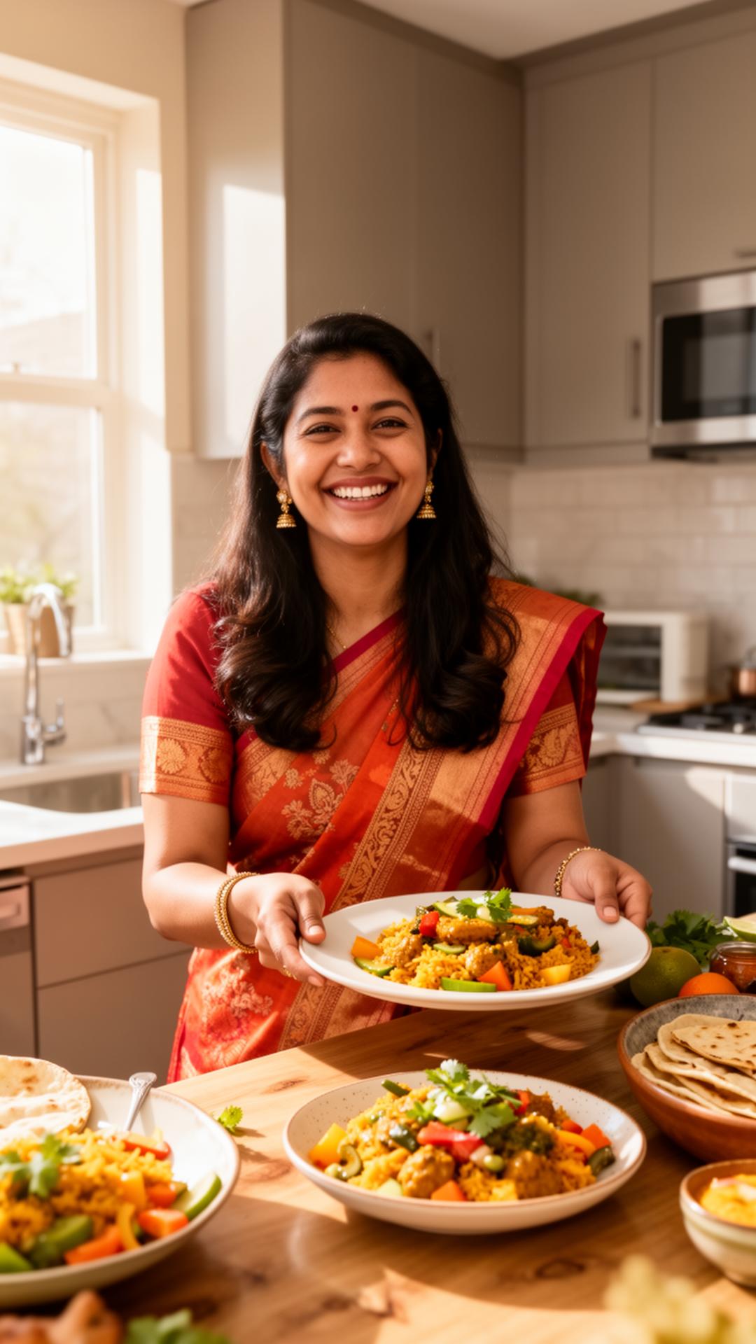 A home cook plating Momzii meals in a sunlit kitchen
